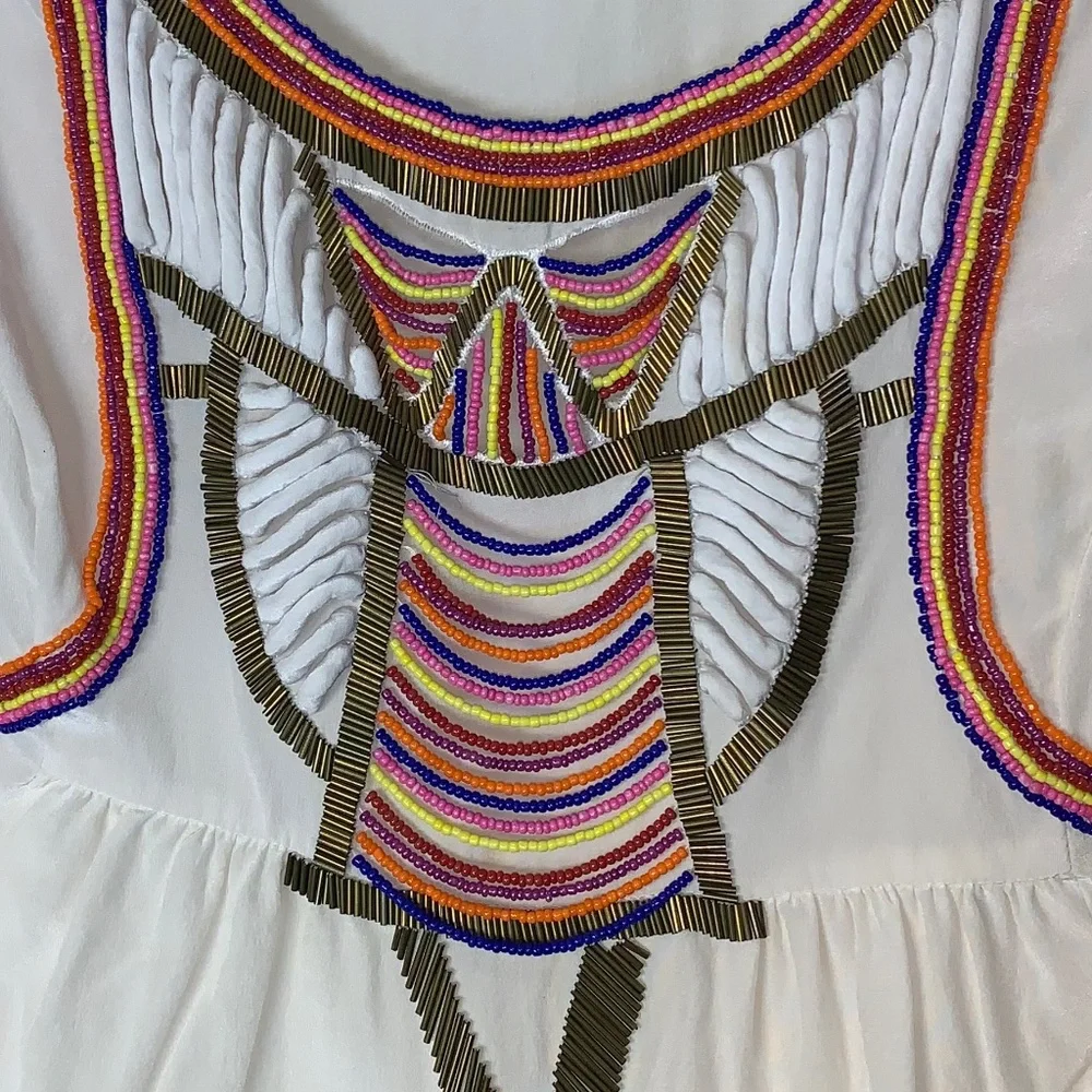 GUESS Marciano Silk Beaded Boho Tank White Multicolor Embellished Top L Festival - Picture 4 of 11